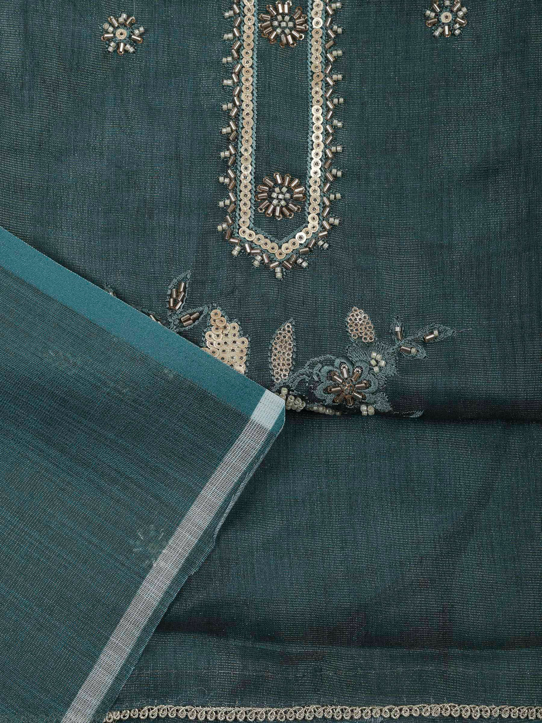 Green Tissue Embroidered Unstitched Dress Material