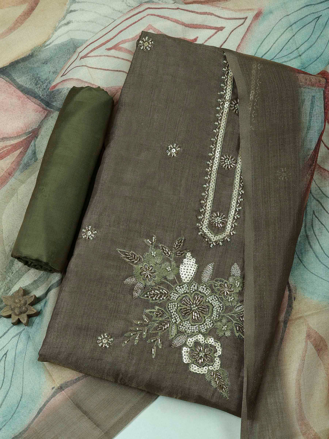 Mehndi Tissue Embroidered Unstitched Dress Material