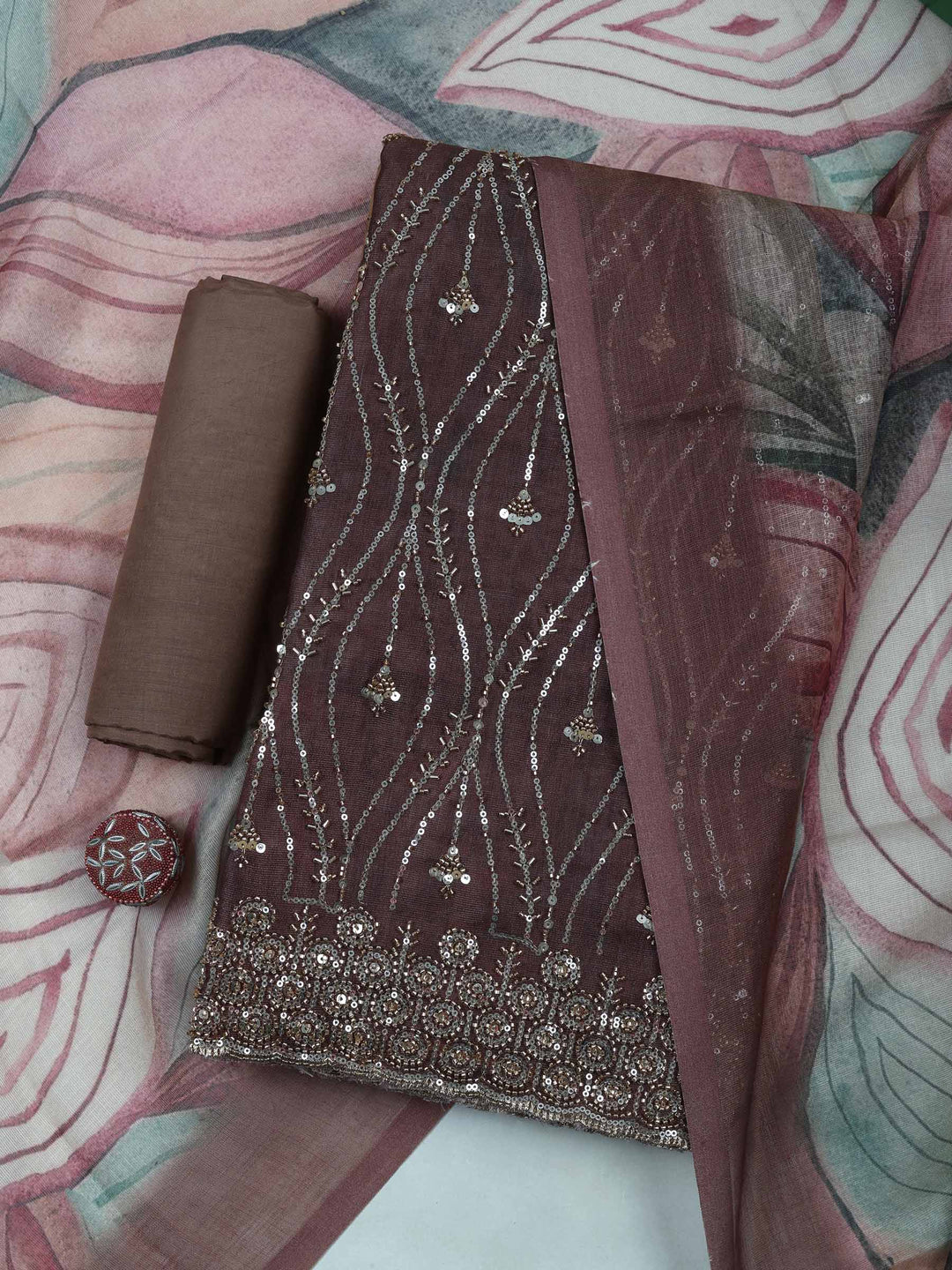 Brown Tissue Embroidered Unstitched Dress Material