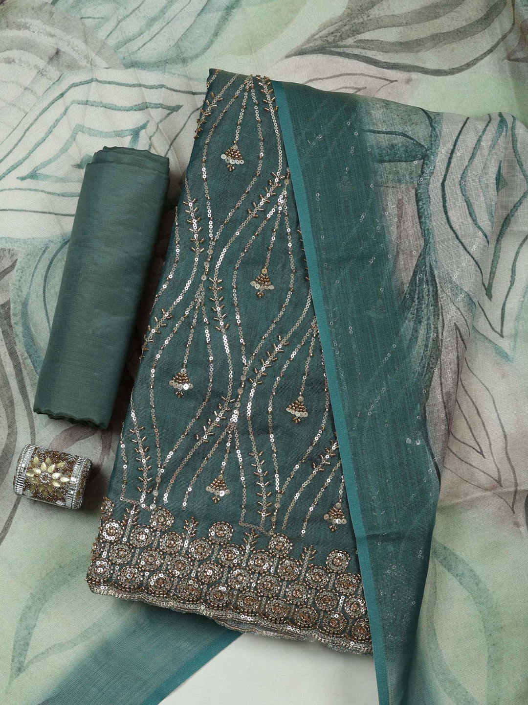 Green Tissue Embroidered Unstitched Dress Material