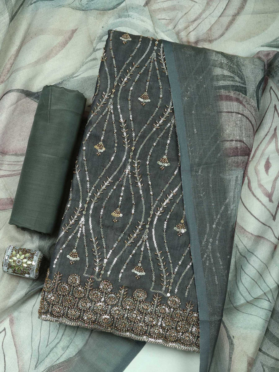 Grey Tissue Embroidered Unstitched Dress Material