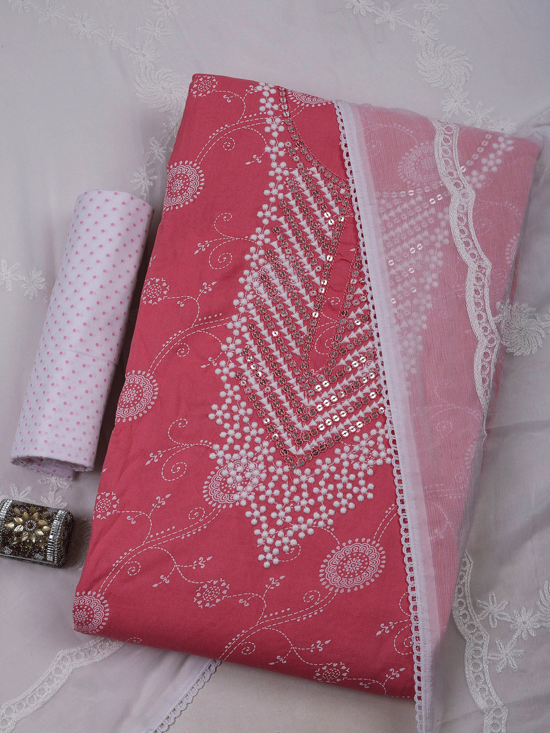 Pink Cotton Blend Embroidered Unstitched Dress Material
