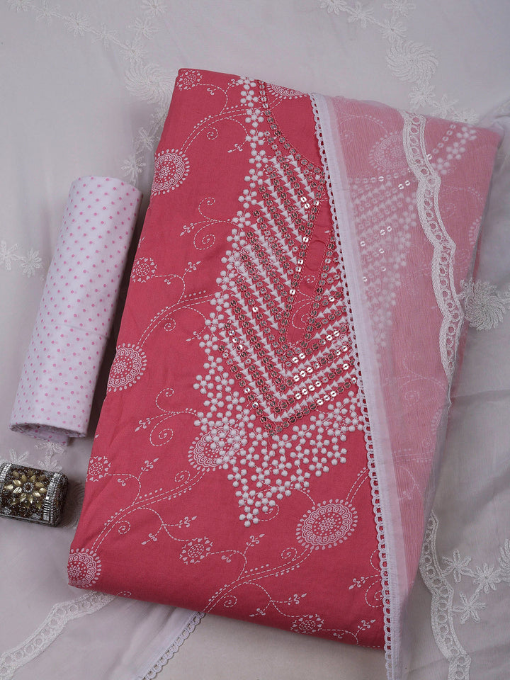 Pink Cotton Blend Embroidered Unstitched Dress Material