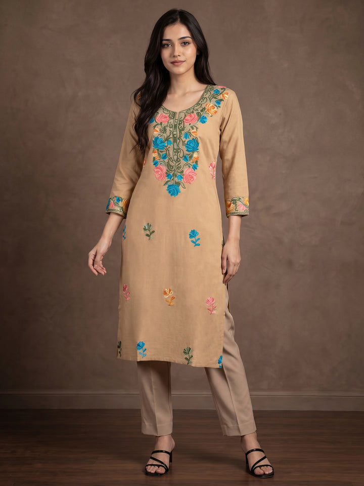 Beige Cotton Blend Embroidered Kurta