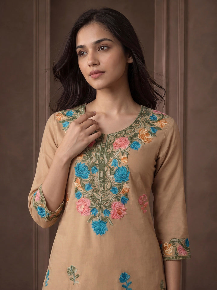 Beige Cotton Blend Embroidered Kurta