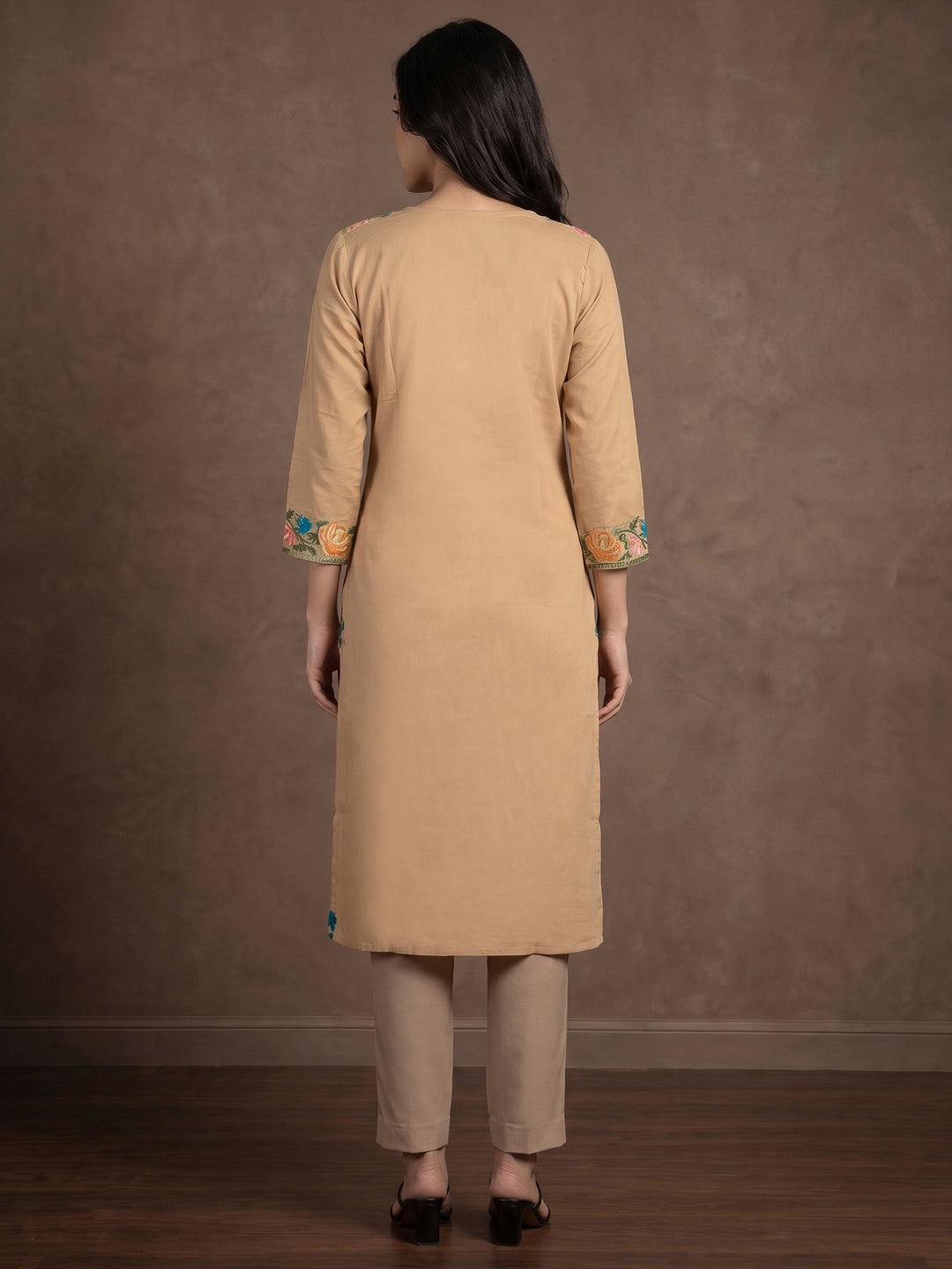 Beige Cotton Blend Embroidered Kurta