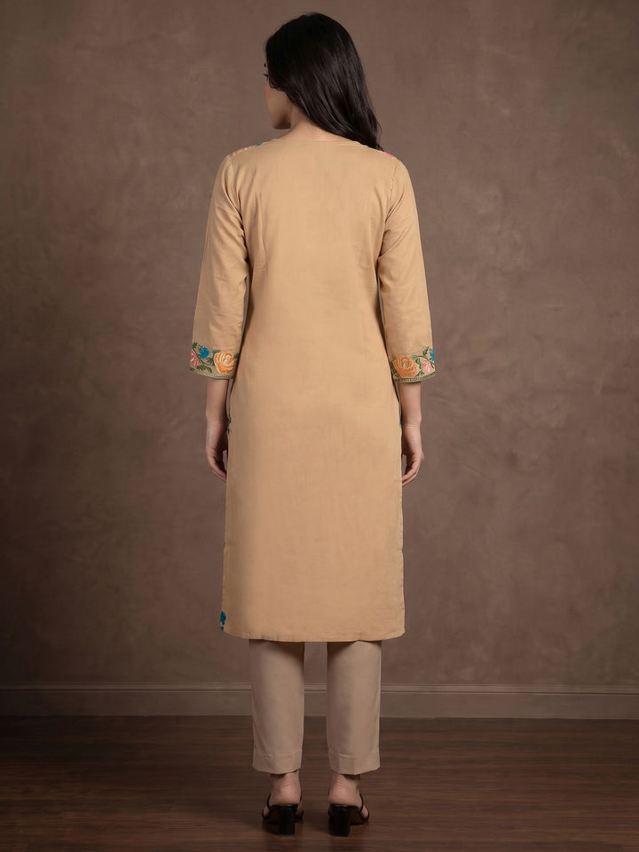Beige Cotton Blend Embroidered Kurta