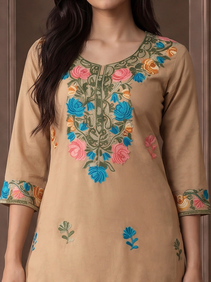 Beige Cotton Blend Embroidered Kurta