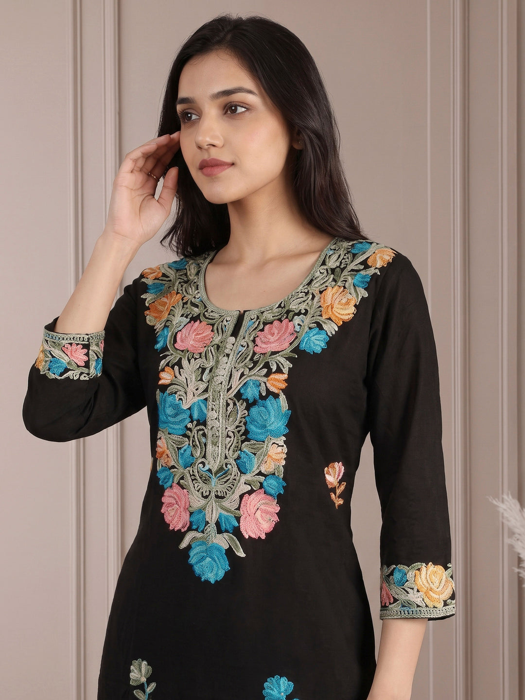 Black Cotton Blend Embroidered Kurta