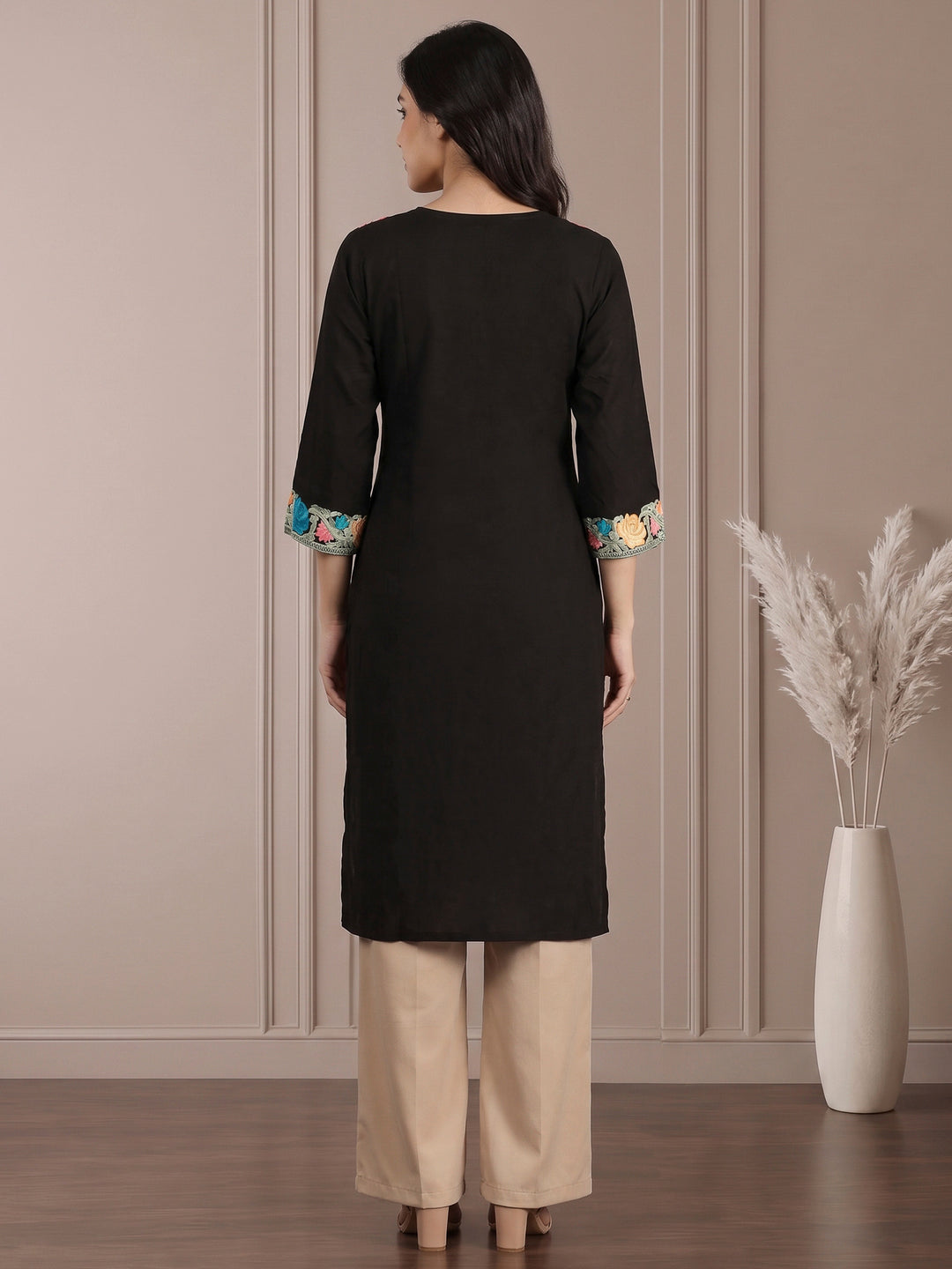 Black Cotton Blend Embroidered Kurta
