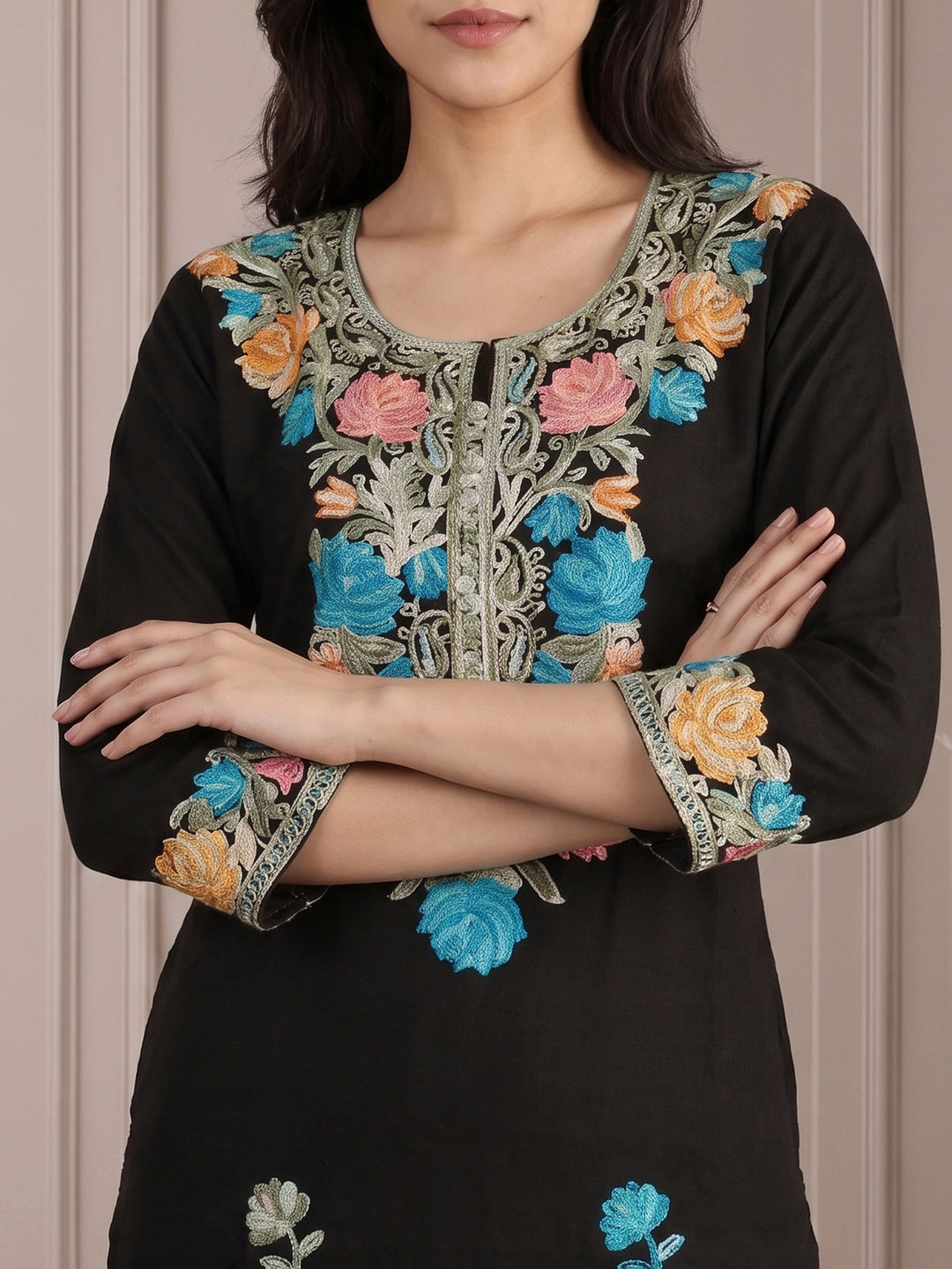 Black Cotton Blend Embroidered Kurta