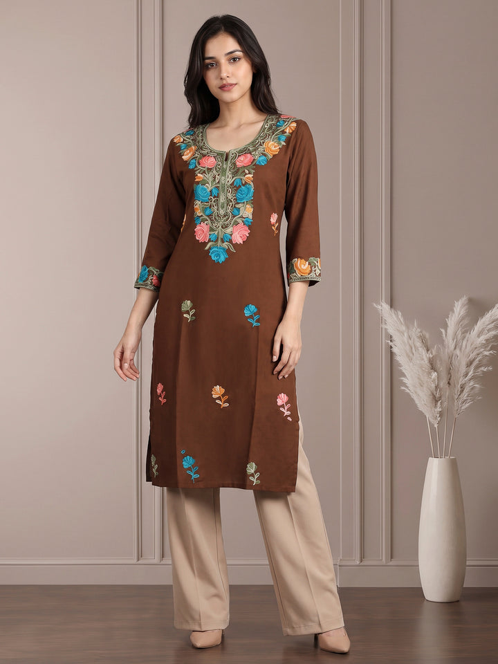 Brown Cotton Blend Embroidered Kurta