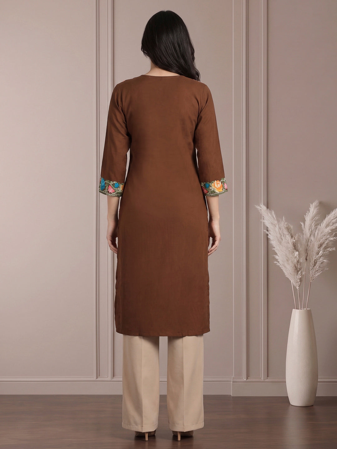 Brown Cotton Blend Embroidered Kurta