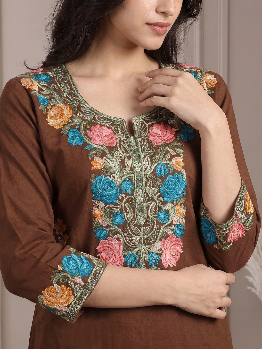 Brown Cotton Blend Embroidered Kurta