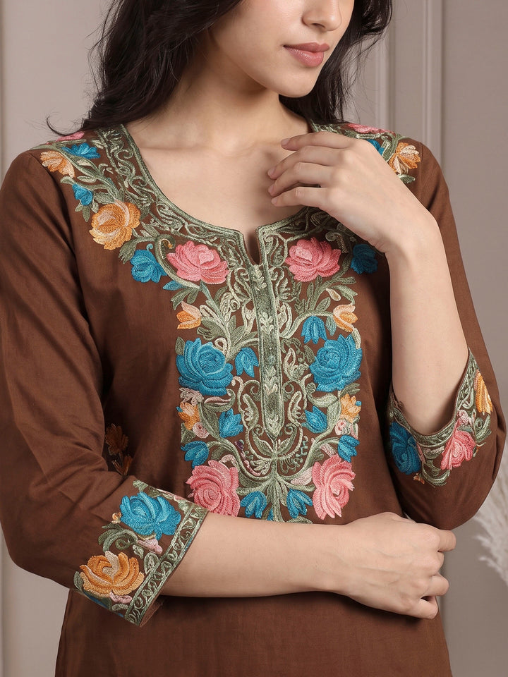 Brown Cotton Blend Embroidered Kurta
