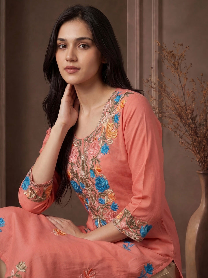 Pink Cotton Blend Embroidered Kurta