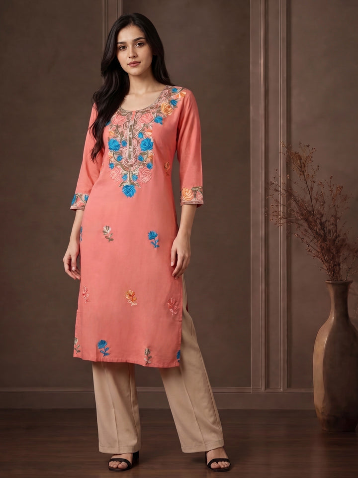 Pink Cotton Blend Embroidered Kurta