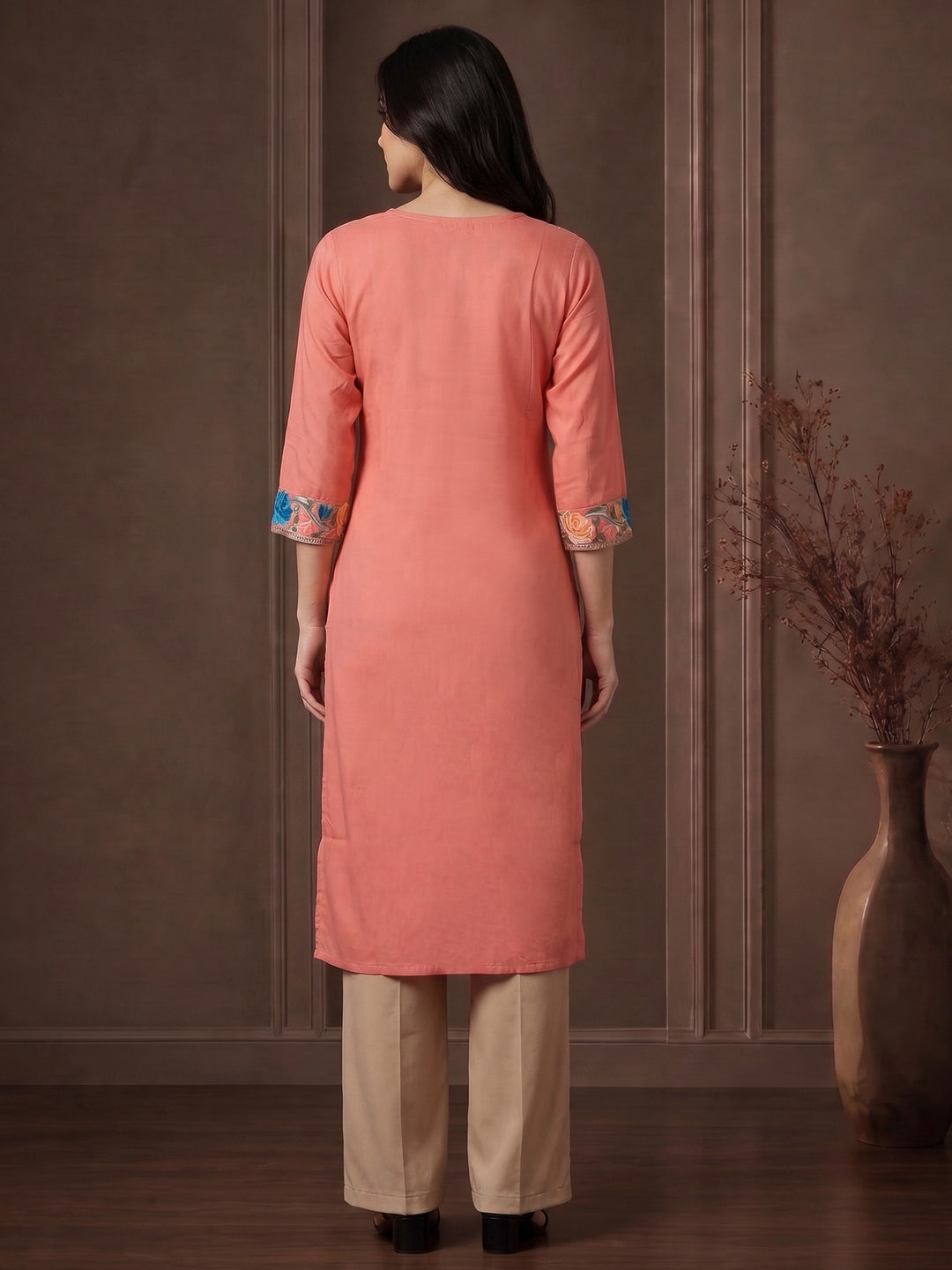 Pink Cotton Blend Embroidered Kurta