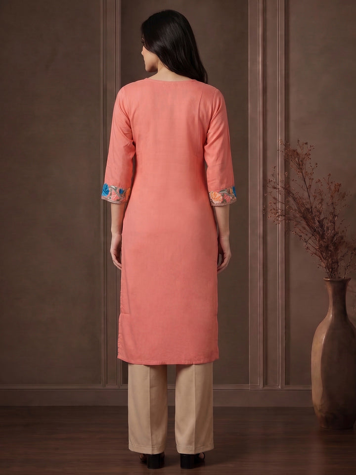 Pink Cotton Blend Embroidered Kurta