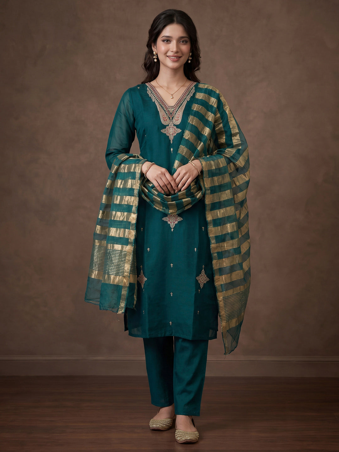 Rama Green Embroidered Chanderi Kurta With Pant &amp; Dupatta