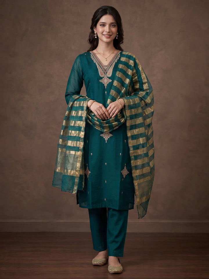 Rama Green Embroidered Chanderi Kurta With Pant &amp; Dupatta
