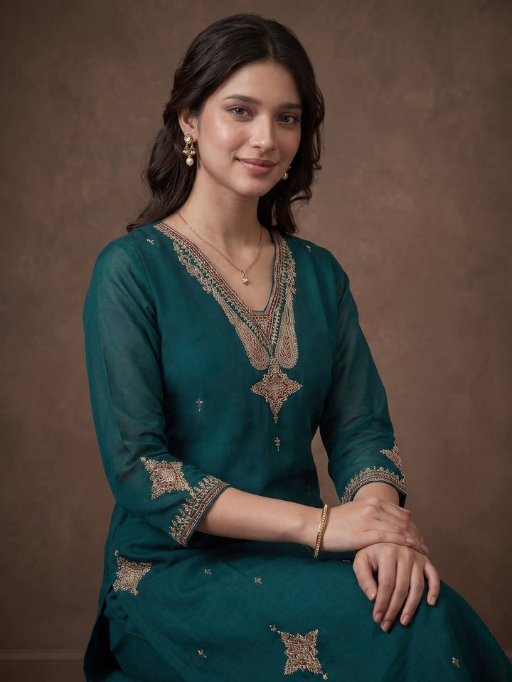 Rama Green Embroidered Chanderi Kurta With Pant &amp; Dupatta