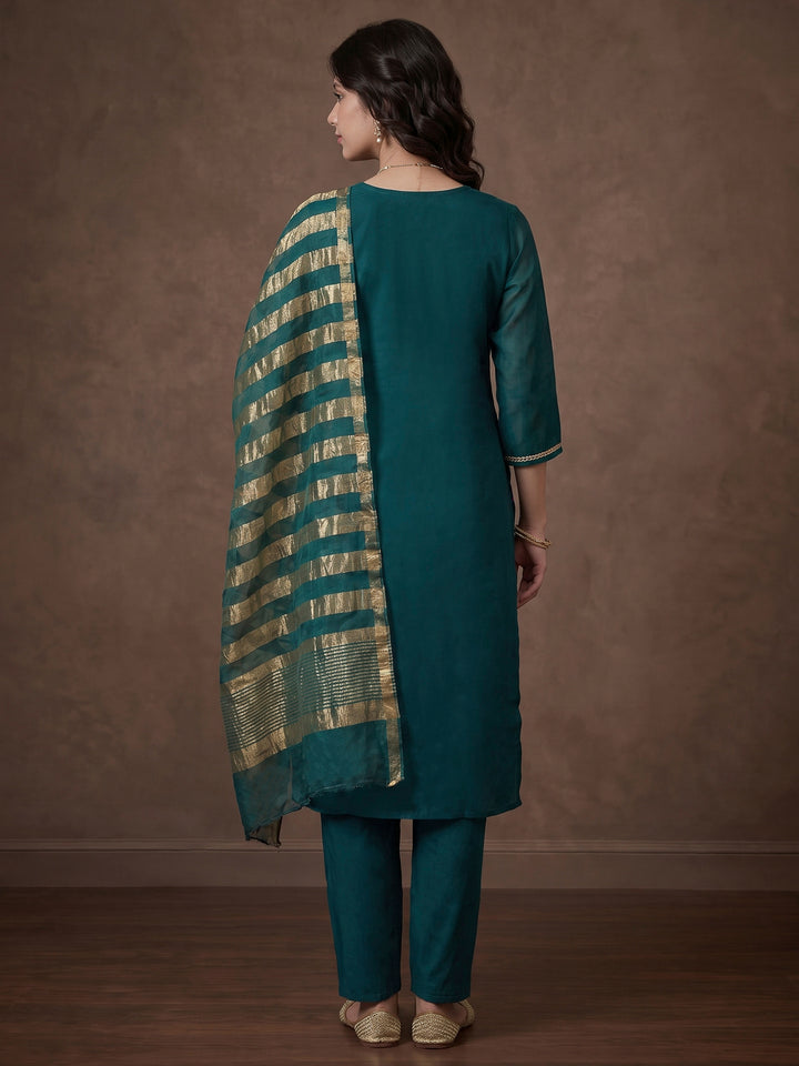Rama Green Embroidered Chanderi Kurta With Pant &amp; Dupatta