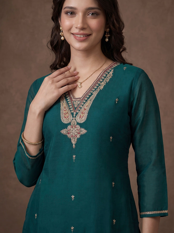 Rama Green Embroidered Chanderi Kurta With Pant &amp; Dupatta