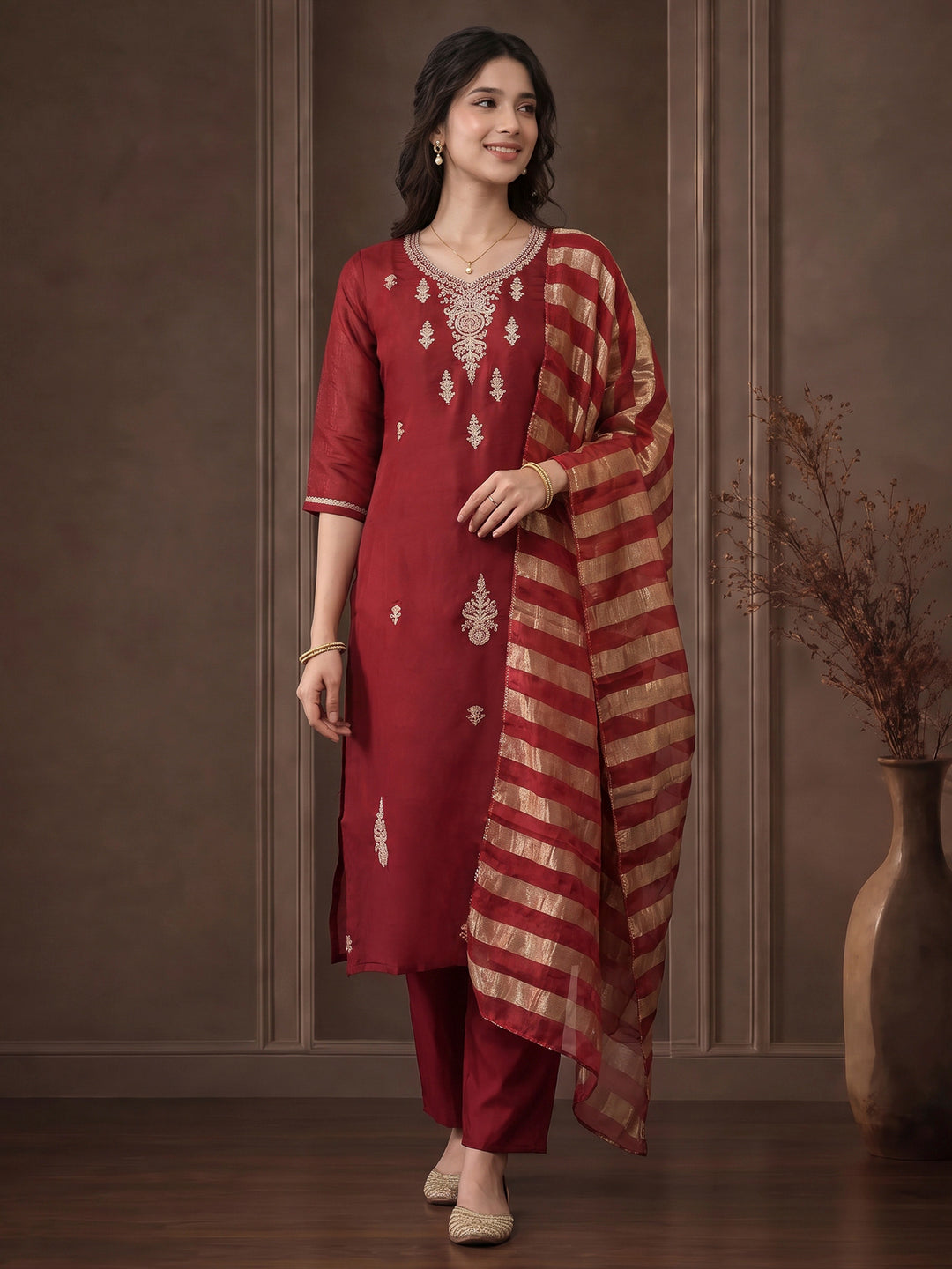 Burgundy Embroidered Chanderi Kurta With Pant &amp; Dupatta