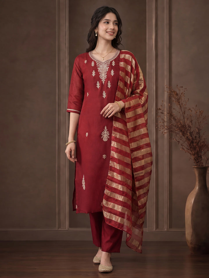 Burgundy Embroidered Chanderi Kurta With Pant &amp; Dupatta
