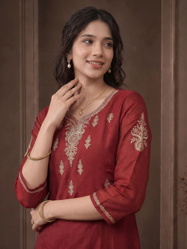 Burgundy Embroidered Chanderi Kurta With Pant &amp; Dupatta