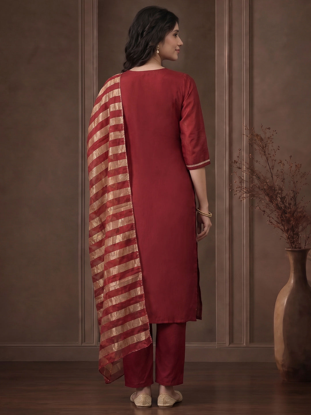Burgundy Embroidered Chanderi Kurta With Pant &amp; Dupatta