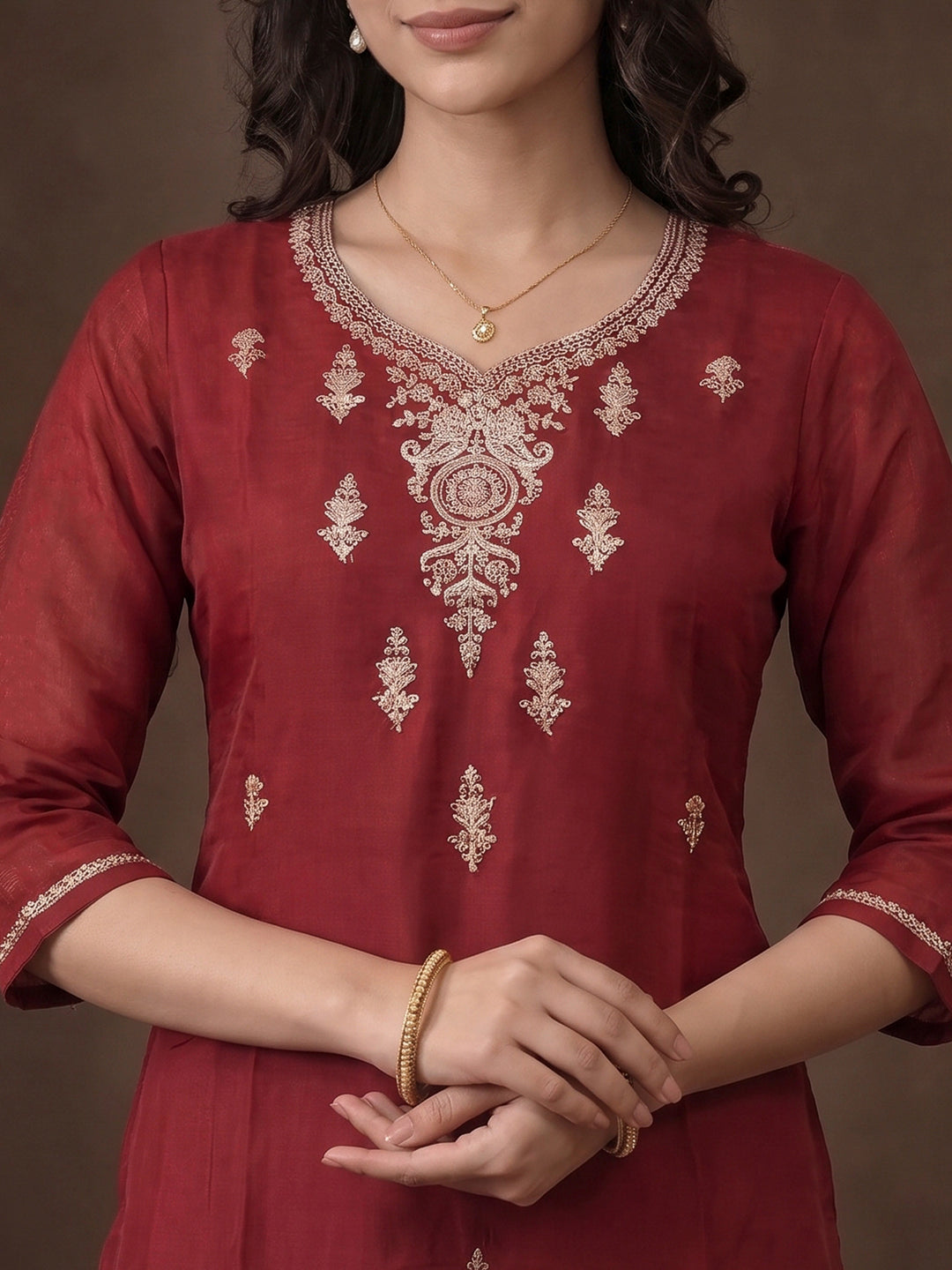 Burgundy Embroidered Chanderi Kurta With Pant &amp; Dupatta