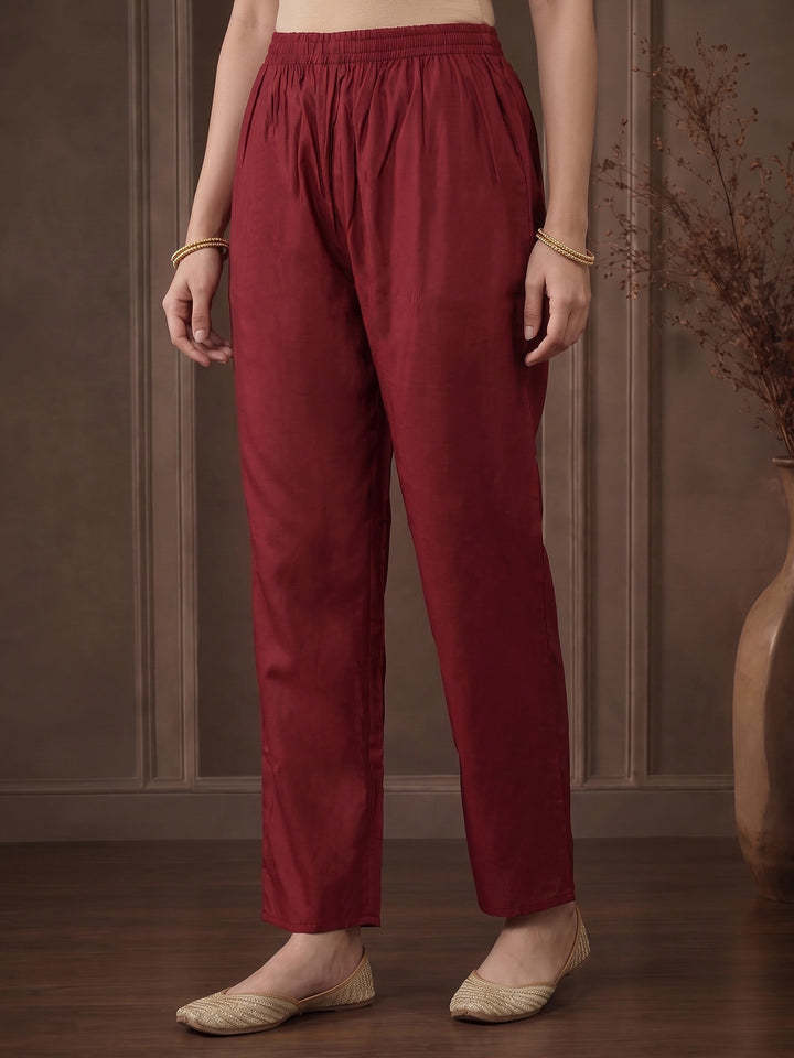 Burgundy Embroidered Chanderi Kurta With Pant &amp; Dupatta