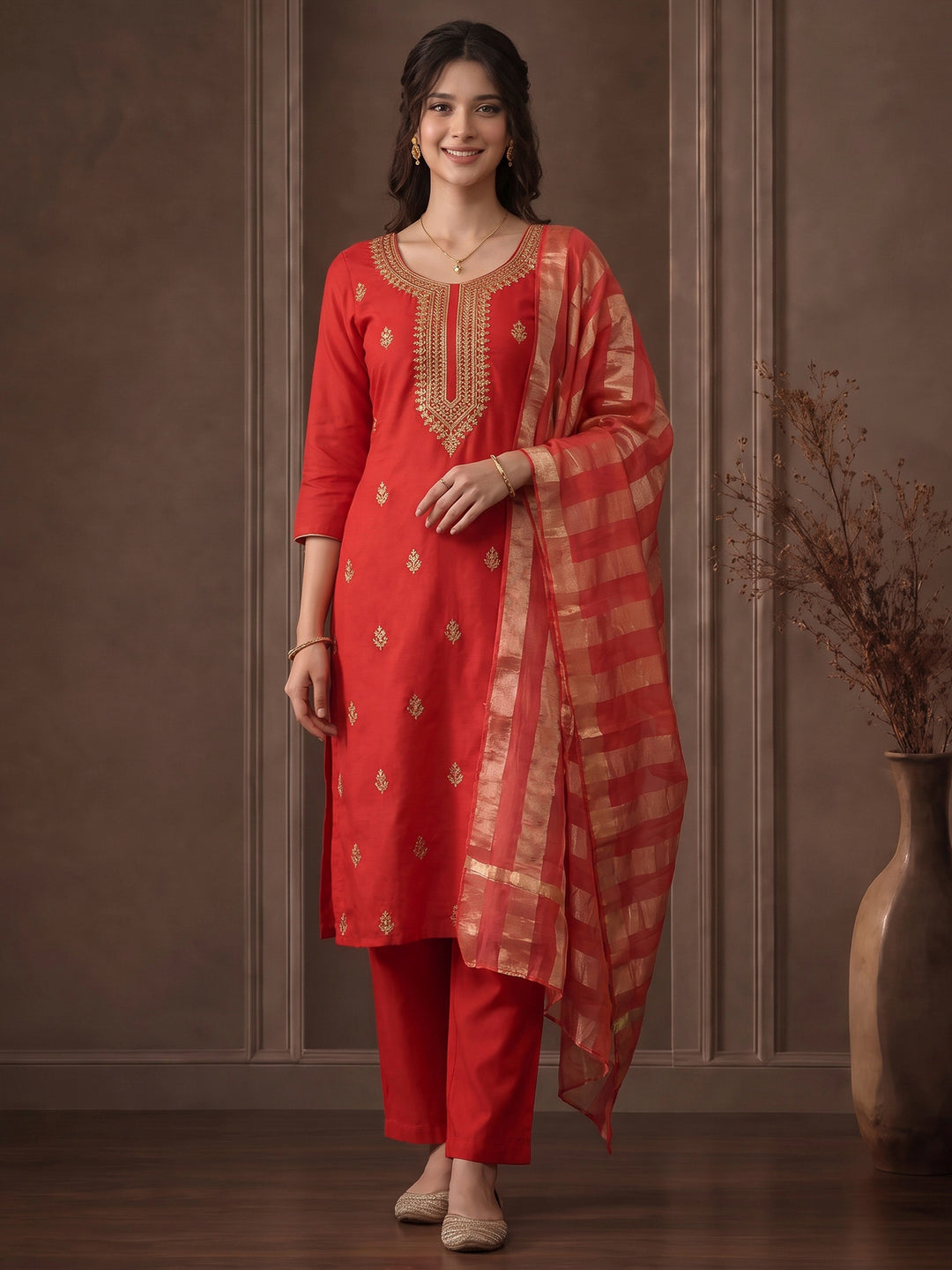 Red Embroidered Chanderi Kurta With Pant &amp; Dupatta