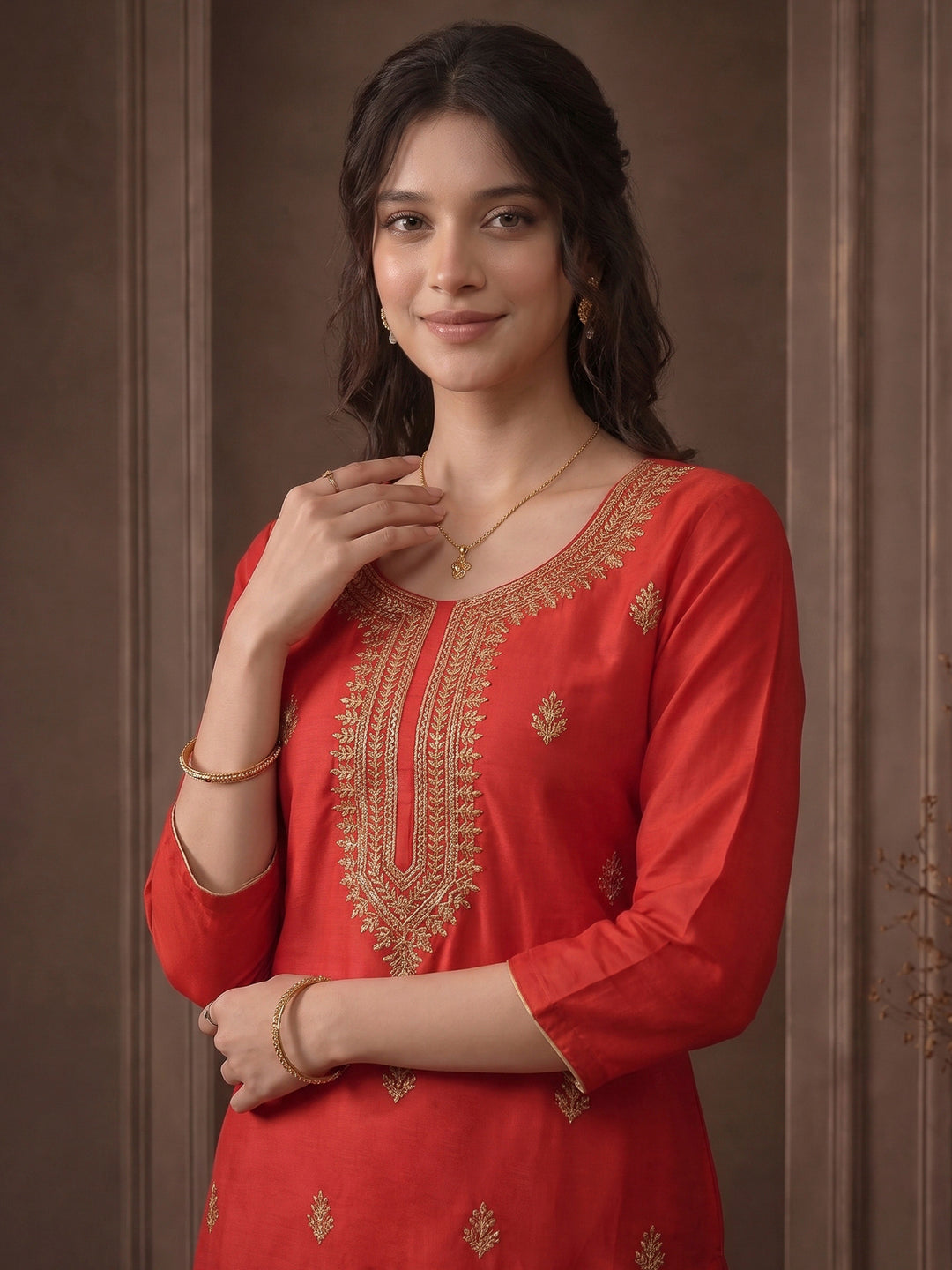 Red Embroidered Chanderi Kurta With Pant &amp; Dupatta