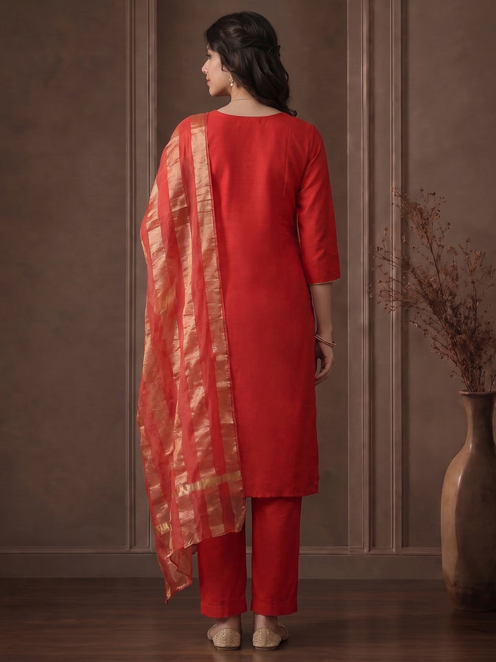 Red Embroidered Chanderi Kurta With Pant &amp; Dupatta