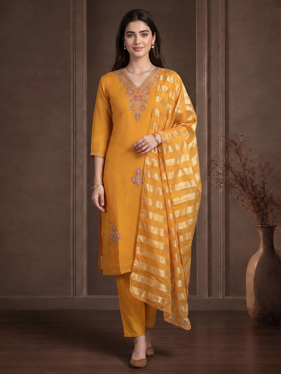 Mustard Embroidered Chanderi Kurta With Pant &amp; Dupatta