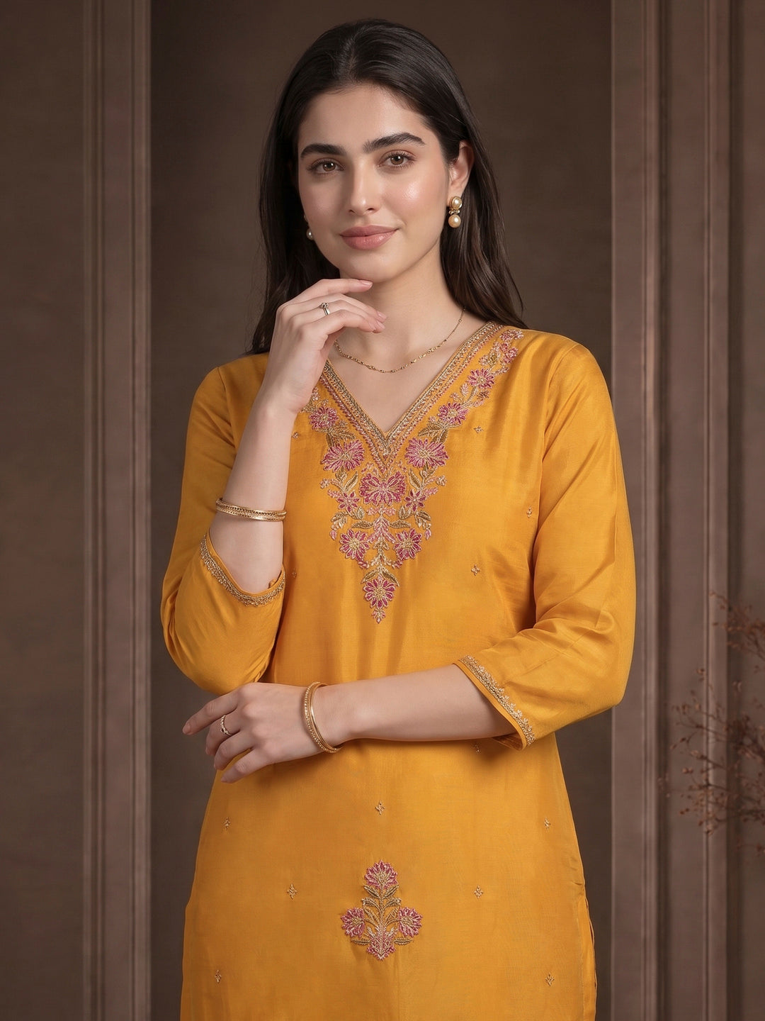 Mustard Embroidered Chanderi Kurta With Pant &amp; Dupatta