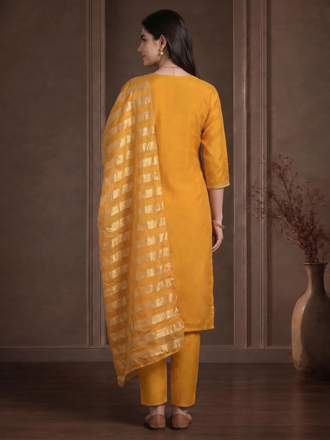 Mustard Embroidered Chanderi Kurta With Pant &amp; Dupatta