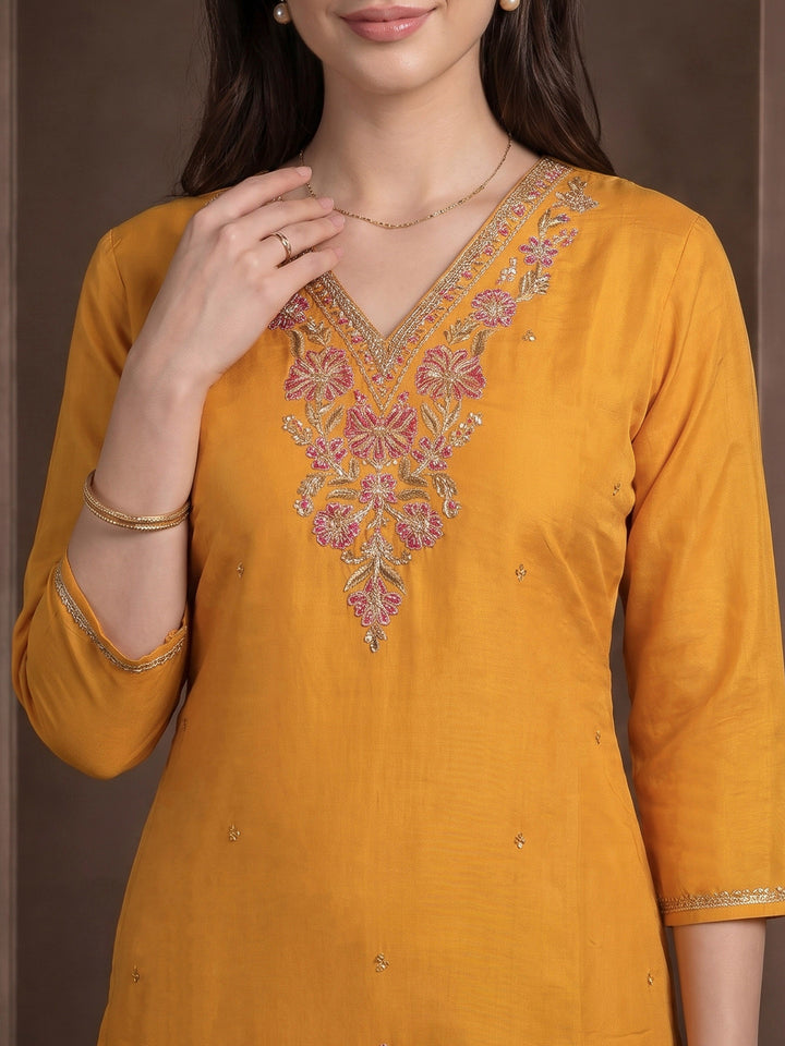 Mustard Embroidered Chanderi Kurta With Pant &amp; Dupatta