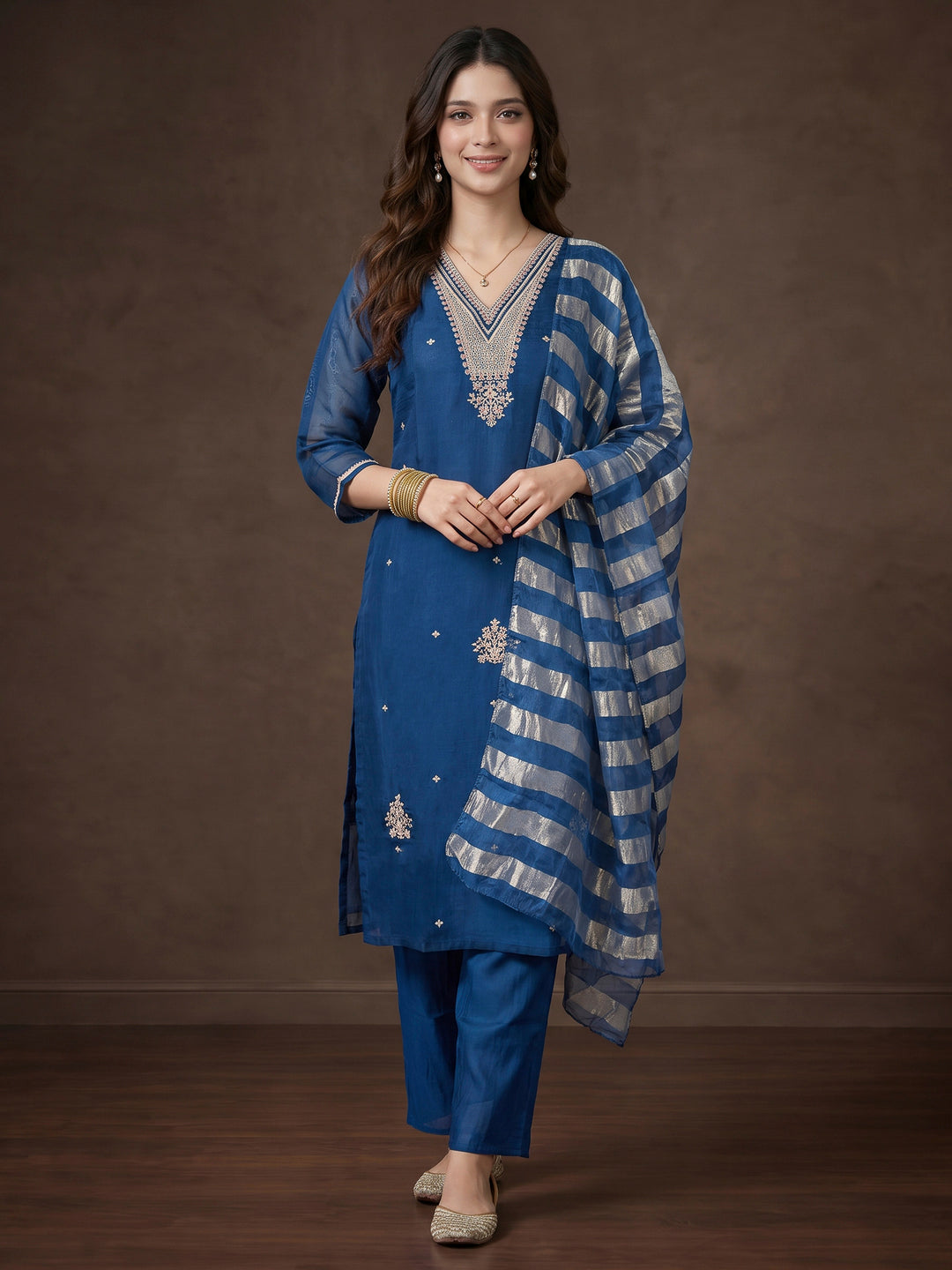 Navy Blue Embroidered Chanderi Kurta With Pant &amp; Dupatta