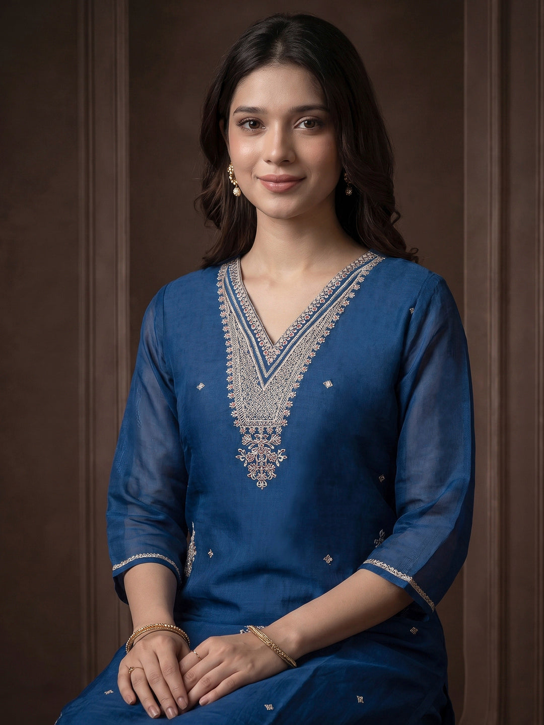 Navy Blue Embroidered Chanderi Kurta With Pant &amp; Dupatta