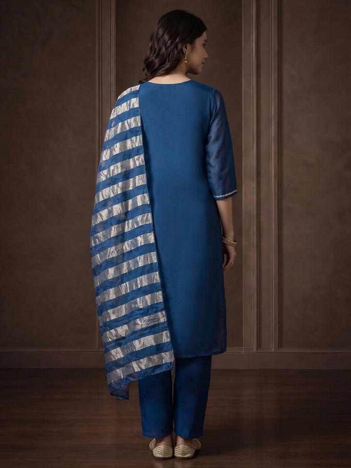 Navy Blue Embroidered Chanderi Kurta With Pant &amp; Dupatta