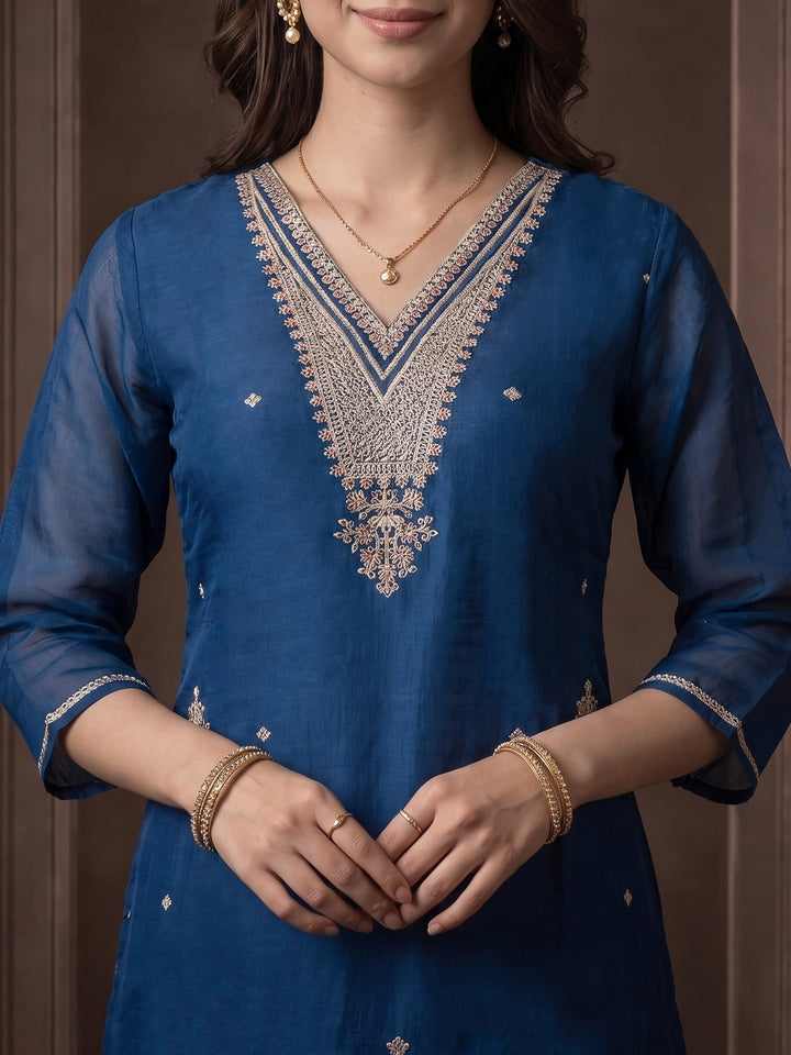 Navy Blue Embroidered Chanderi Kurta With Pant &amp; Dupatta