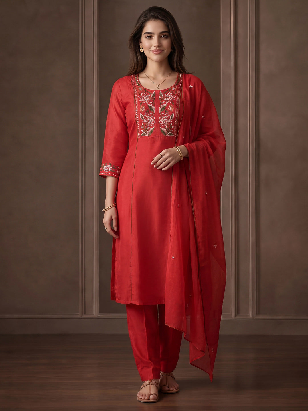 Rani Embroidered Cotton Blend Kurta With Pant &amp; Dupatta