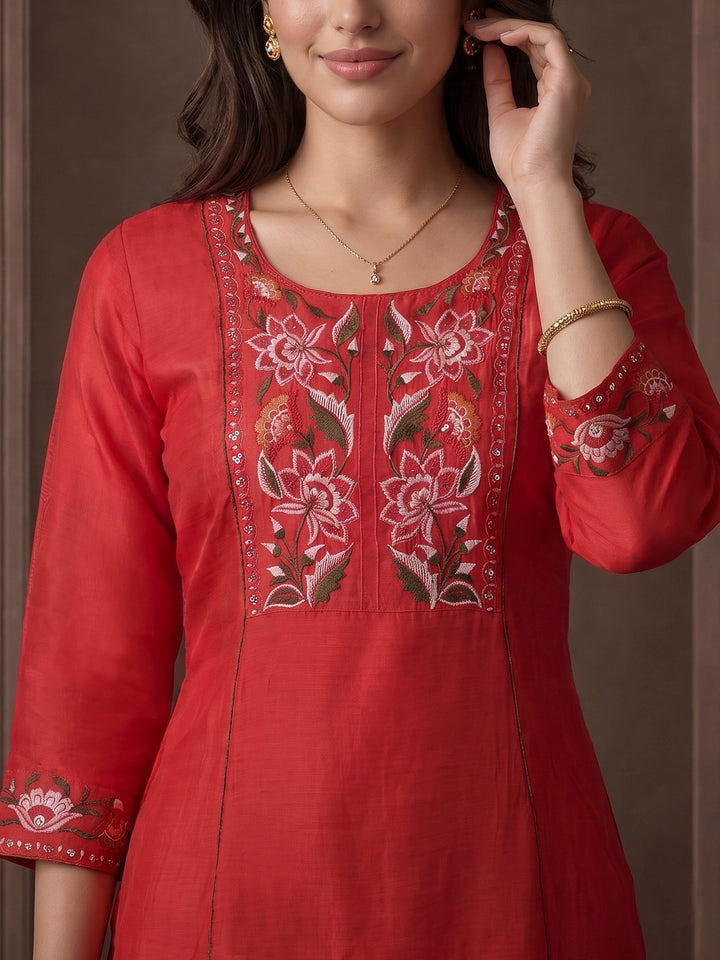Rani Embroidered Cotton Blend Kurta With Pant &amp; Dupatta