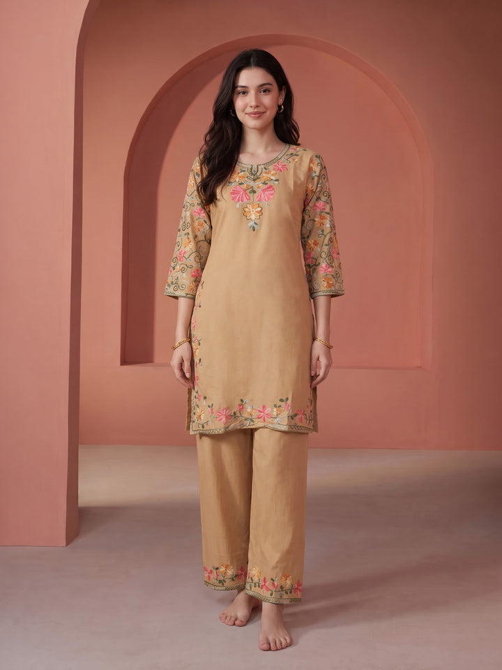 Beige Embroidered Cotton Blend Kurta Set