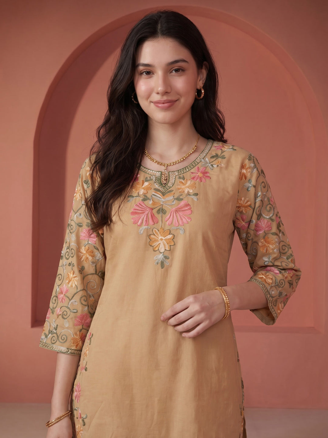 Beige Embroidered Cotton Blend Kurta Set