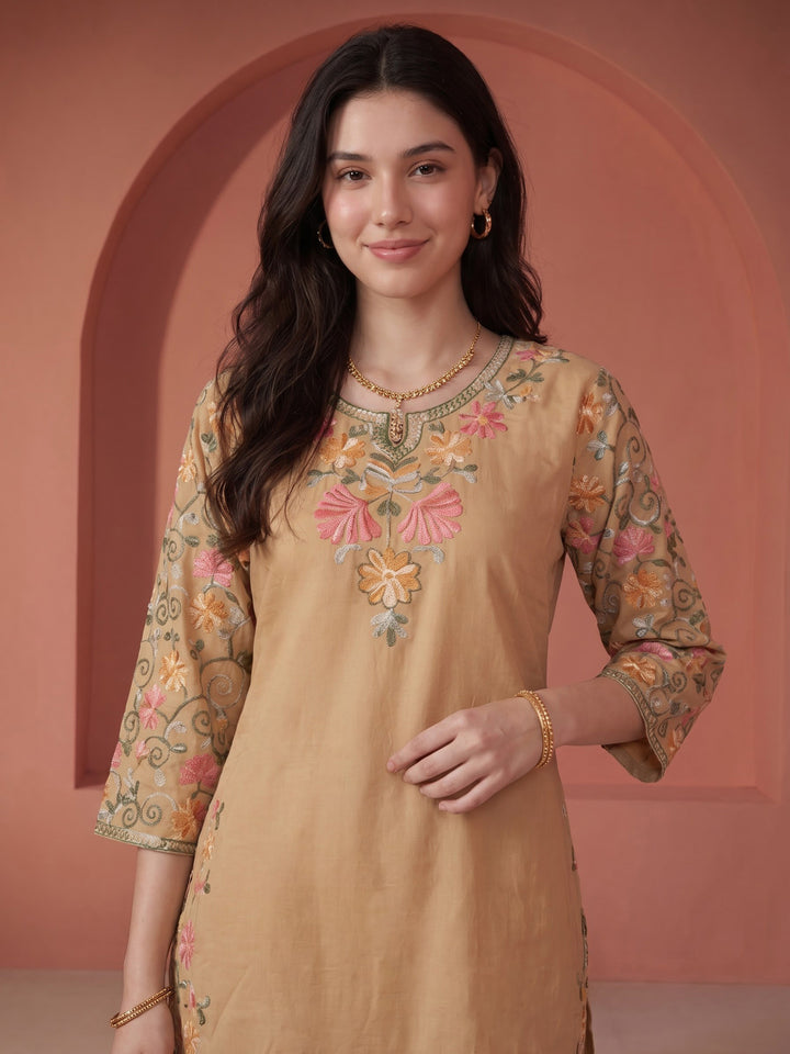 Beige Embroidered Cotton Blend Kurta Set